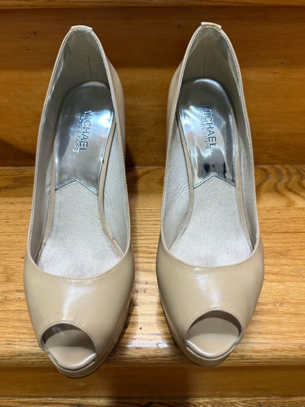 MICHAEL Michael Kors York Platform Nude Peep-Toe Patent Leather Heels